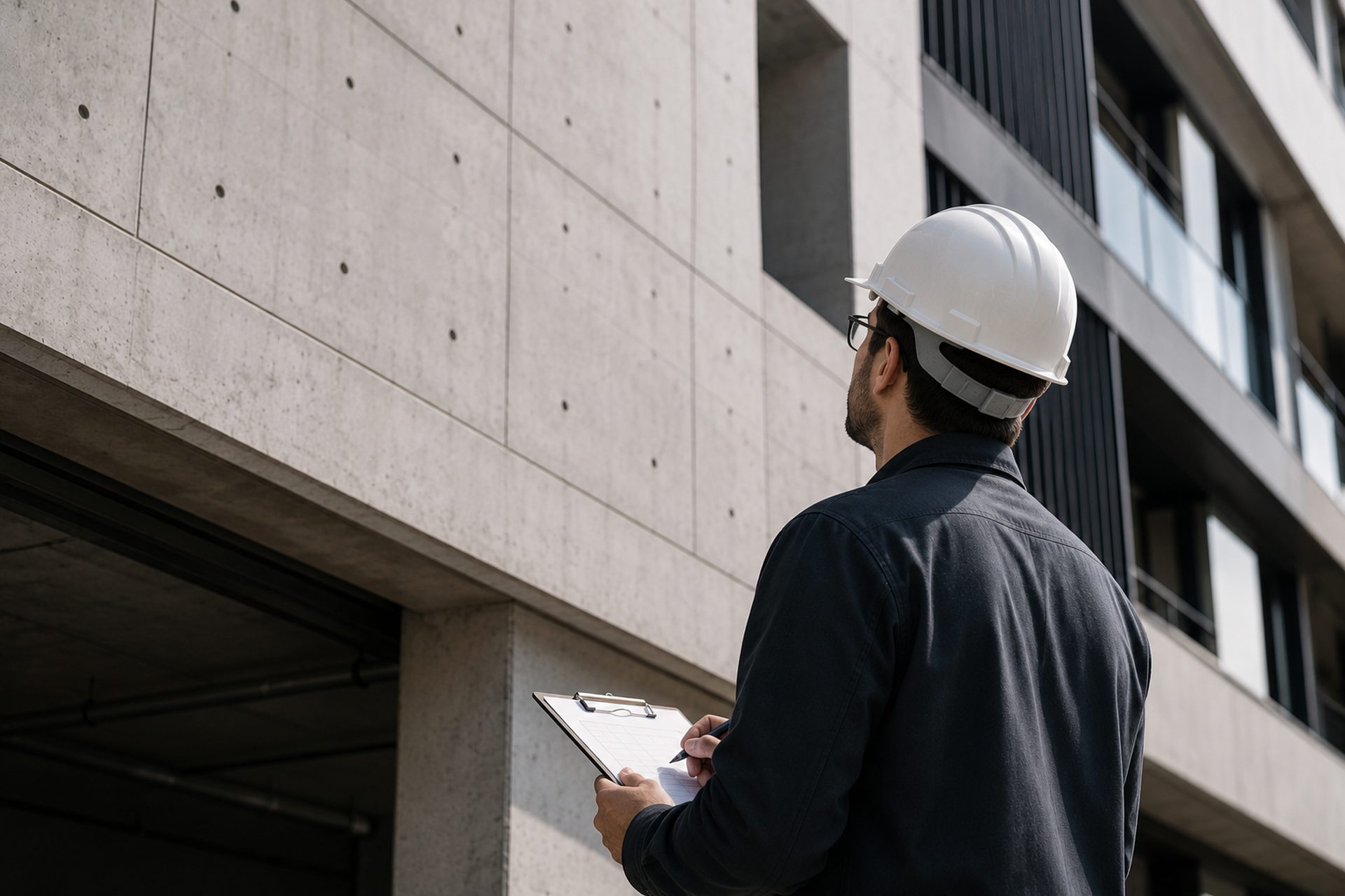 Técnico inspeccionando la fachada de un edificio con hoja de toma de datos