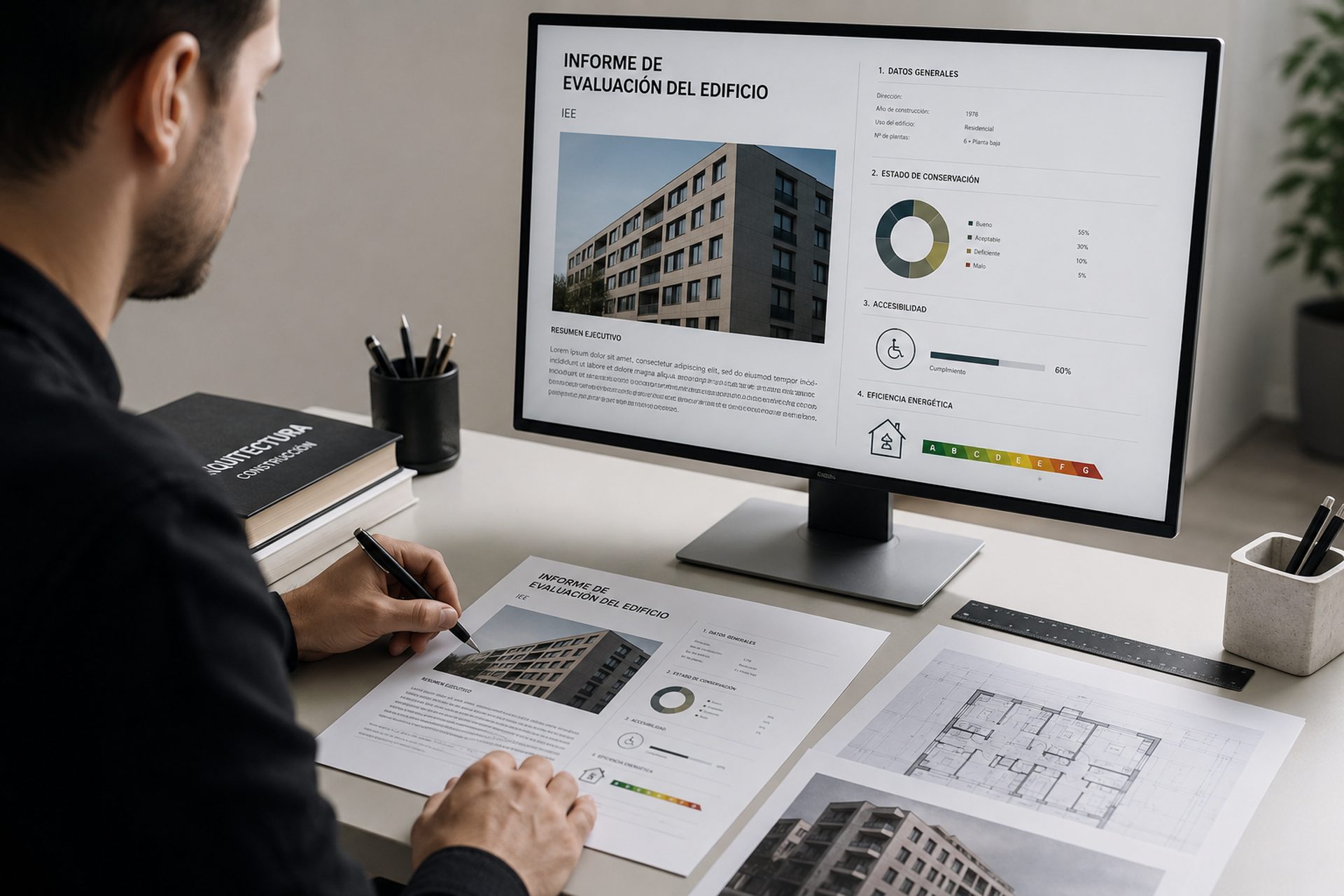 Arquitecto redactando el informe de evaluación en pantalla y en papel
